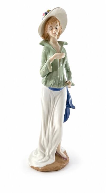 Unbranded Other - Porcelain Lady Figurine 14” Woman Wide Brim Hat Green Blue Floral Elegant